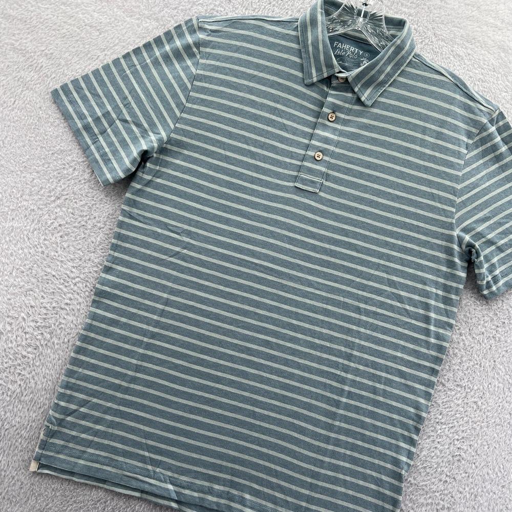 Faherty Isle Polo Shirt Men Small Blue Grey Striped Short Sleeve‎ Cotton Casual - Picture 3 of 14